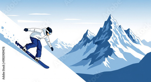 A person snowboarding down a steep, snowy mountain slope with majestic peaks in the background under a clear sky.