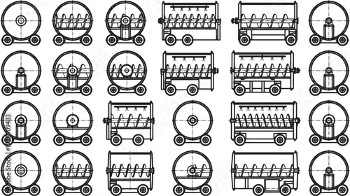 Industrial machines showcased in a pattern, their intricate mechanical designs displayed, symbolizing technological advancements and innovation in industry.