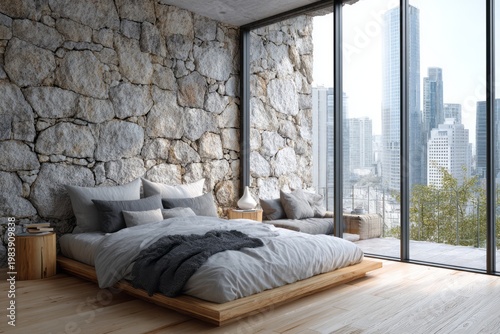 Bedroom with stone wall and city view through large windows.