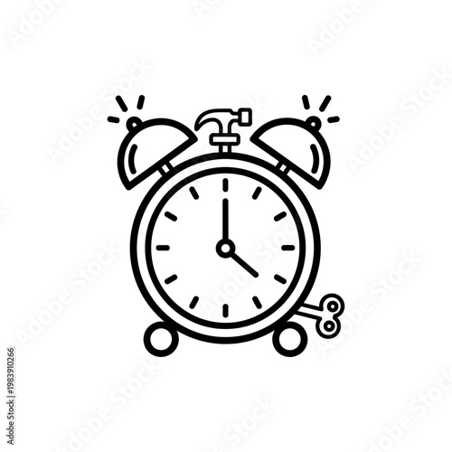 ringing alarm clock with hammer and wind-up key illustration for waking up
