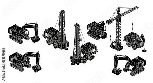 Group of Construction Excavators And Tower Cranes.