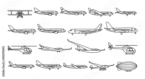 collection of different types of aircraft and air vehicles outlined