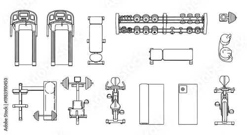 set of gym equipment line drawings treadmills dumbbells stationary bikes and bench