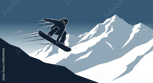 A dynamic illustration of a snowboarder mid-air, performing a jump against a backdrop of majestic snow-capped mountains under a clear sky.