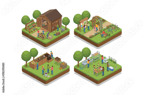 Isometric set featuring lively community farmer's markets, urban gardens, and sustainable local food