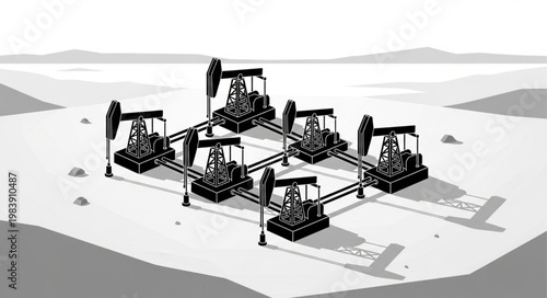 Group of oil pumpjack machines operating in field.