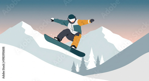 An illustration of a snowboarder performing a jump in a snowy mountain landscape with trees.