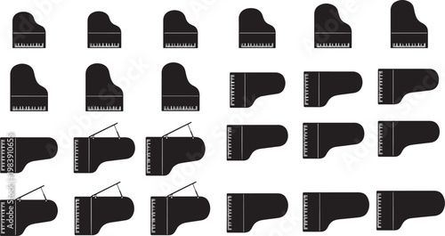 Musical Instrument Variety: Piano silhouettes showcasing a diverse range of grand and upright piano styles and sizes, perfect for illustrating musical concepts and design elements.