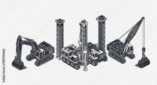 Heavy construction equipment silhouettes with industrial towers.