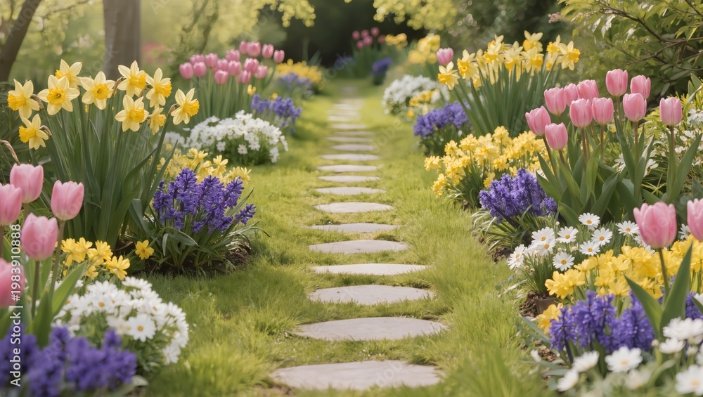Obraz premium Spring Garden Path with Colorful Flowers and Soft Morning Light