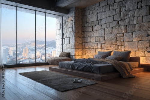 Modern bedroom with large windows offers city views and stone walls.