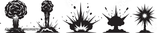 Sequential illustration of different types of explosions and detonations silhouette vector icon