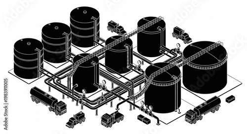 Industrial cylindrical storage tanks and piping complex illustration.