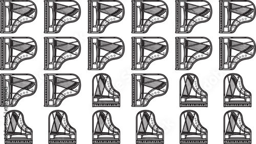 Array of grand pianos, meticulously arranged, offer a captivating visual symphony of music and artistry.