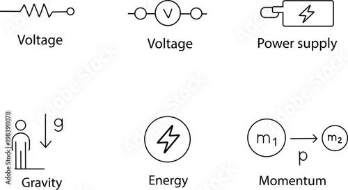 Electrical and physics symbols voltage power gravity energy and momentum diagrams