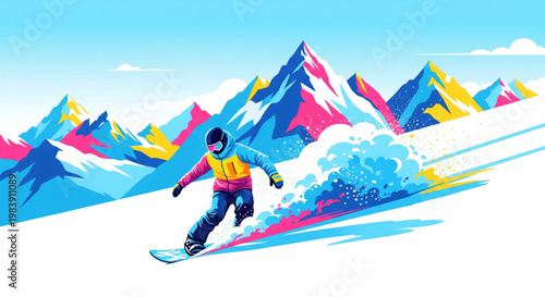 A vibrant, colorful illustration of a snowboarder descending a snowy mountain slope with abstract, brightly colored peaks in the background.