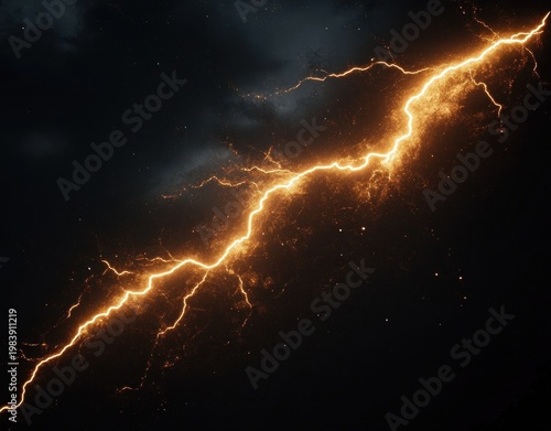 Intense golden lightning bolt slicing a dark stormy sky, glowing sparks and embers scattering from a dramatic electric arc