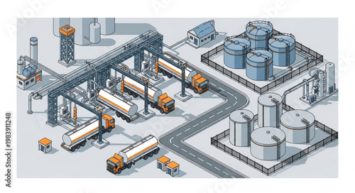 Industrial grain silo and tanker truck loading terminal facility.