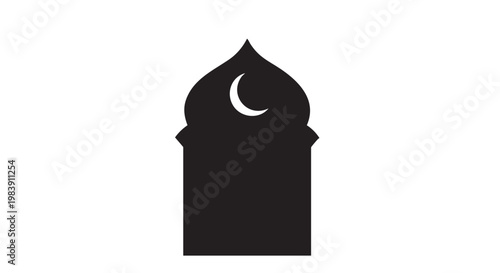 Black mosque silhouette with crescent moon in minimalist style on white background for Ramadan or Islamic holiday greeting cards