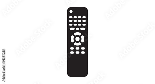 Black television remote control in simple minimalistic design with white buttons on plain white background for electronics advertising