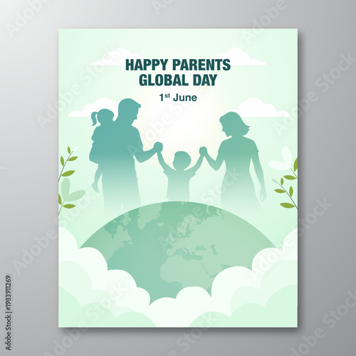 Happy Parents Global Day 1st June with happy family silhouette and globe illustration on green background