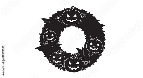 Black Halloween wreath with spooky jack-o-lanterns in eerie lighting for seasonal decoration