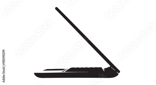 Black laptop in profile view with screen open on white background for technology advertising