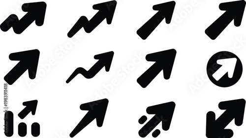 Various black arrow icons and a bar graph demonstrating growth, expansion, and upward performance