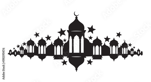 Ramadan mosque silhouette in dark monochrome with stars for religious holiday greeting card