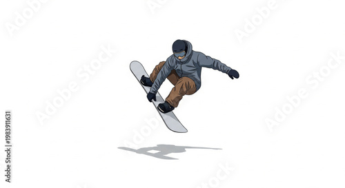A snowboarder in mid-air performing a jump or trick, wearing winter sports gear, isolated on a white background.