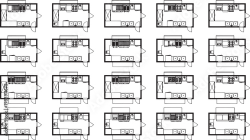 Showcasing a collection of meticulously crafted, minimalist kitchen layouts in a repeating pattern. The overhead perspective emphasizes functionality and design possibilities.