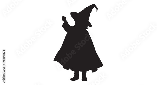 Black silhouette of a witch in a pointed hat on white background for Halloween decoration