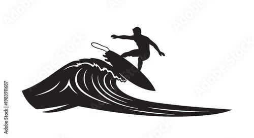 Surfer silhouette riding wave in monochromatic black and white illustration for sports branding
