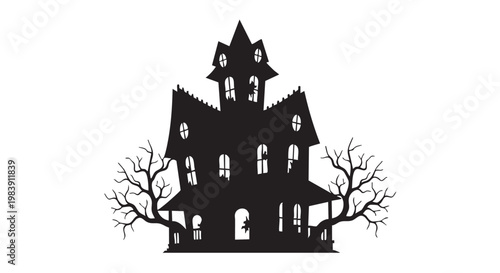 Spooky haunted house silhouette in dark mysterious lighting with bare trees for Halloween decoration