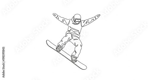 A line art illustration of a snowboarder in mid-air, performing a trick with arms outstretched.