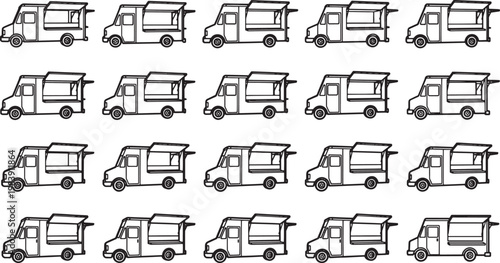 A fleet of meticulously illustrated food trucks arrayed in a pattern, evoking a sense of culinary variety.