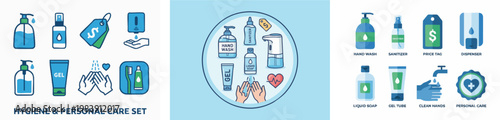 Hygiene product collection icon set. Hand wash, sanitizer bottle, price tag, dispenser, liquid soap, gel tube, clean hands, personal care
