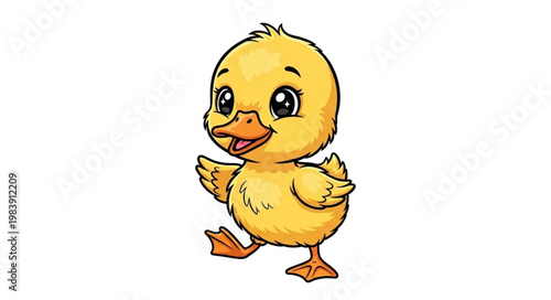 Cute cartoon yellow duckling walking and waving.