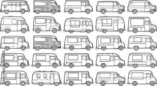 Fleet of assorted vans, showcasing different styles and designs in a clean, minimalist illustration, perfectly suited for transport or service concepts.