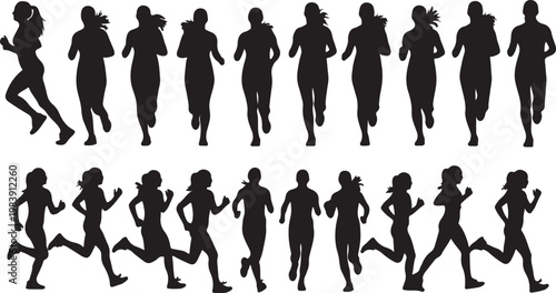 Silhouettes of runners and walkers in various stages of motion silhouette vector icon