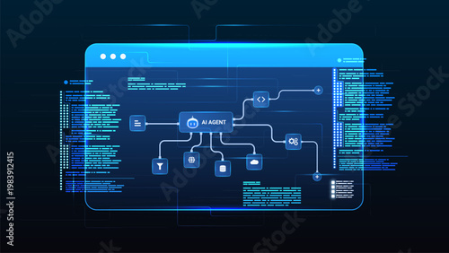 AI workflow automation artificial intelligence. ai agent network diagram dashboard machine learning flow process, coding and automation system.