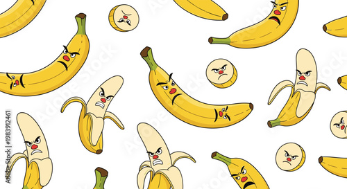 Seamless banana character pattern with funny angry expressions, cute cartoon fruit background illustration for kids, textile and packaging design