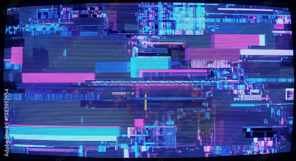 Fototapeta premium Digital Glitch Art: Neon Blue and Pink Abstract Screen Noise Background