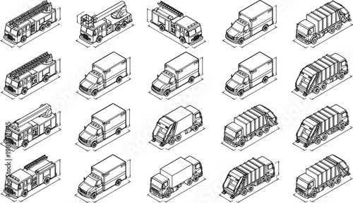 Line art of assorted service vehicles, providing a clean and informative depiction of diverse types of service vehicles. Each vehicle is isolated and detailed.