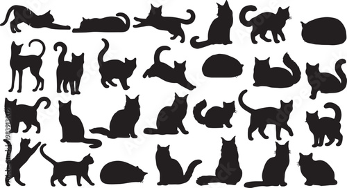 Diverse silhouettes of cats in various playful and relaxed poses silhouette vector icon