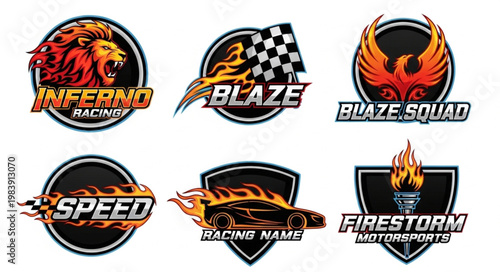 Set of six racing logos with flames and animals.