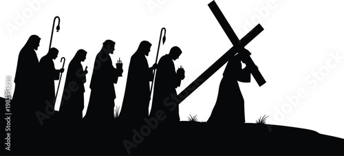 Jesus Carrying Cross with Disciples on Hill Silhouette