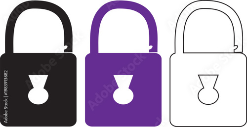 Three colorful padlock icons in black purple and white for security concepts