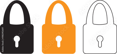 Three padlock icons in black orange and white colors for security concepts