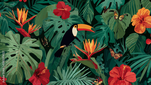 tropical maximalist jungle vector illustration with toucan, hibiscus, and monstera leaves
